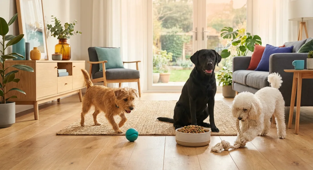Eco Friendly Dog Products: Three dogs in a bright living room with sustainable pet supplies like a ceramic bowl & rope toy