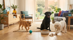 Eco Friendly Dog Products: Three dogs in a bright living room with sustainable pet supplies like a ceramic bowl & rope toy