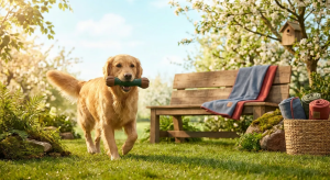 Golden retriever with Eco Friendly Dog Products' green sustainable dog toy in a sunny garden, showcasing eco-friendly pet own