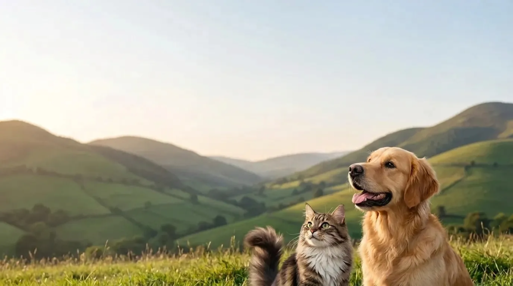 Eco Friendly Dog Products: A Golden Retriever and a tabby cat sit together in a lush green field with rolling hills