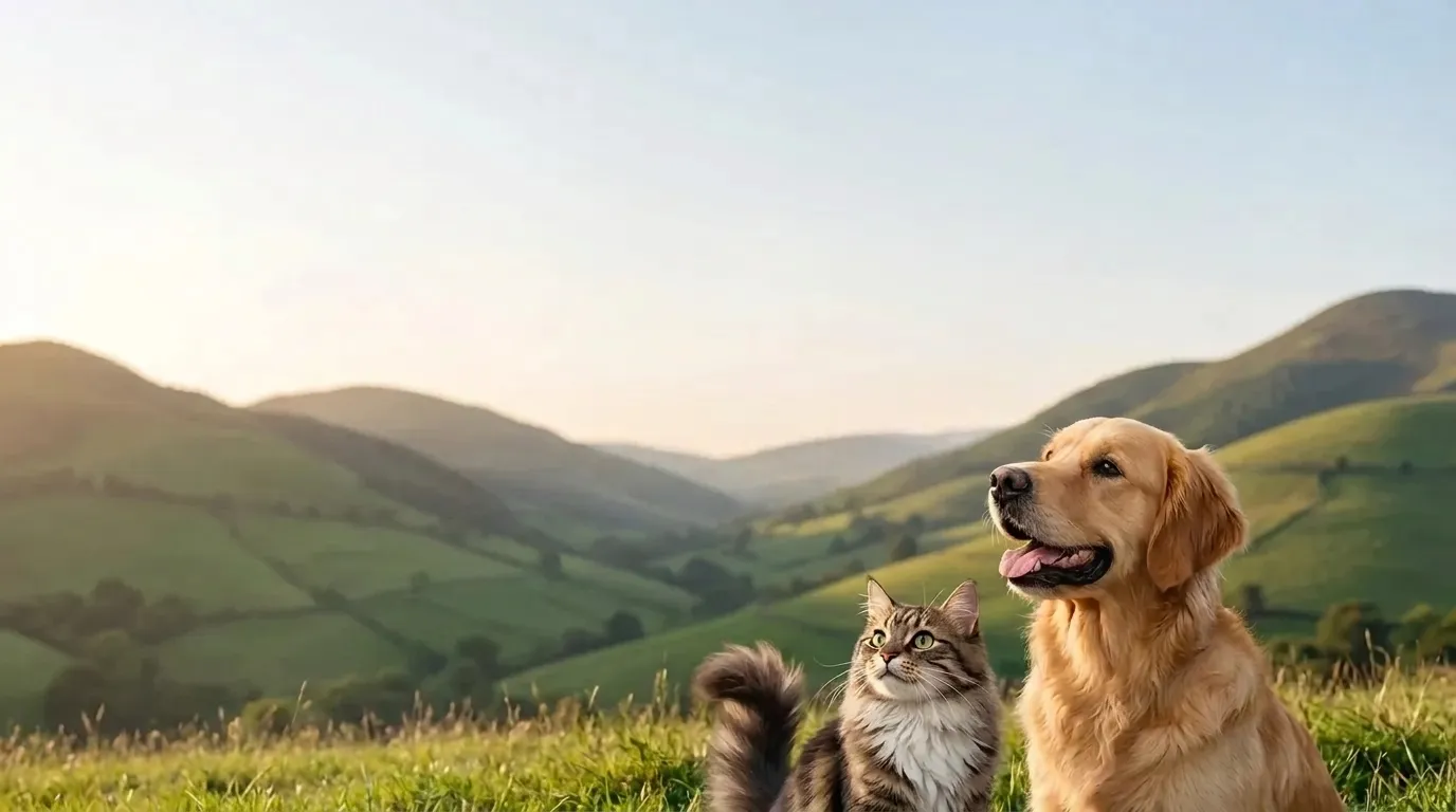 Eco Friendly Dog Products: A Golden Retriever and a tabby cat sit together in a lush green field with rolling hills