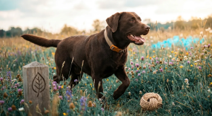 A happy chocolate Labrador runs through a wildflower field with a rope toy