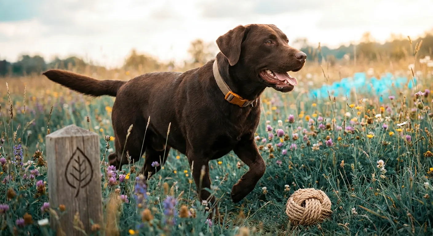 A happy chocolate Labrador runs through a wildflower field with a rope toy