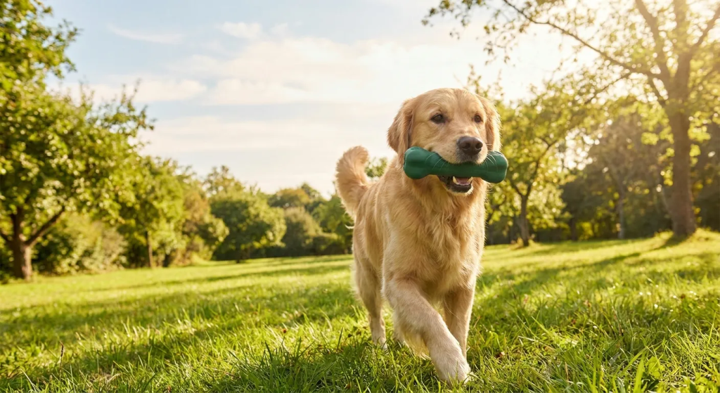 Eco Friendly Dog Products: Golden retriever with green bone toy in sunny park, embodying sustainable pet care
