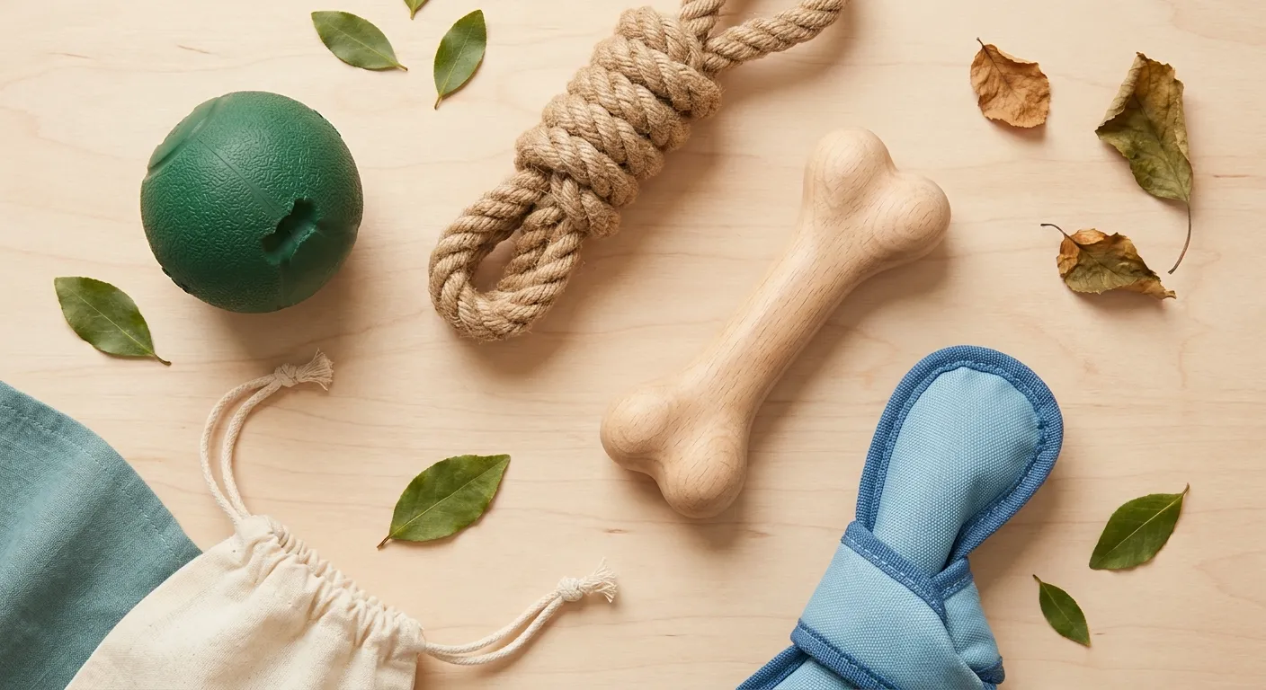 Eco Friendly Dog Products: Sustainable dog toys including a green rubber ball, rope toy, wooden bone, and fabric items, on a