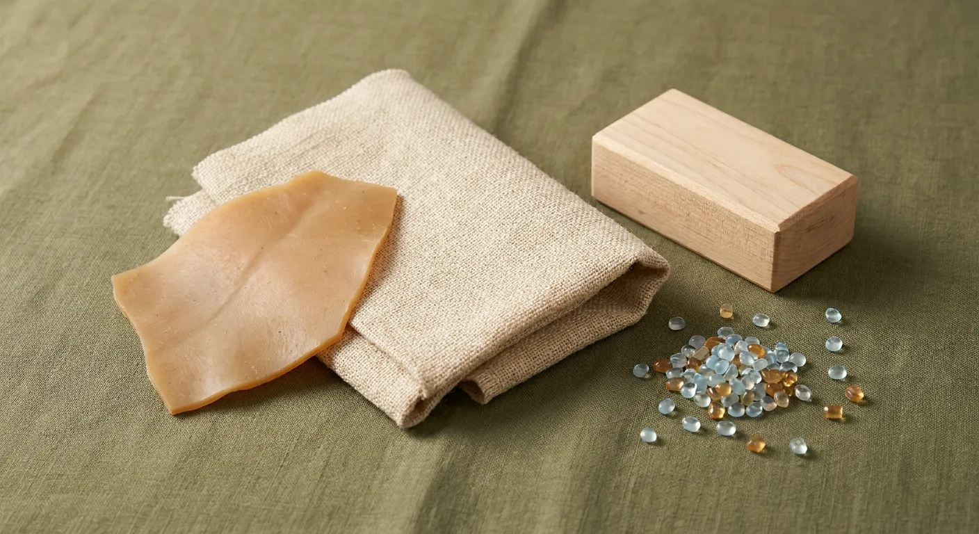 Eco Friendly Dog Products: Assortment of sustainable pet product materials including natural rubber, linen fabric, wood, and