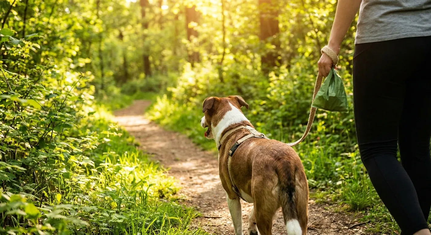 Eco Friendly Dog Products: Person walks dog on leash in sunny forest, holding green poop bag. Sustainable pet ownership, lowe