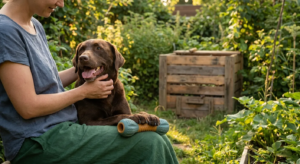 Eco Friendly Dog Products: Woman petting a happy chocolate Labrador with an eco-friendly chew toy in a sunny garden with a co