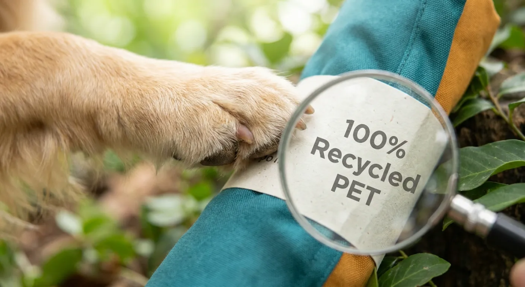 Eco Friendly Dog Products: Dog paw on a pet product, magnifying glass on '100% Recycled PET' label. Spotting greenwashing in