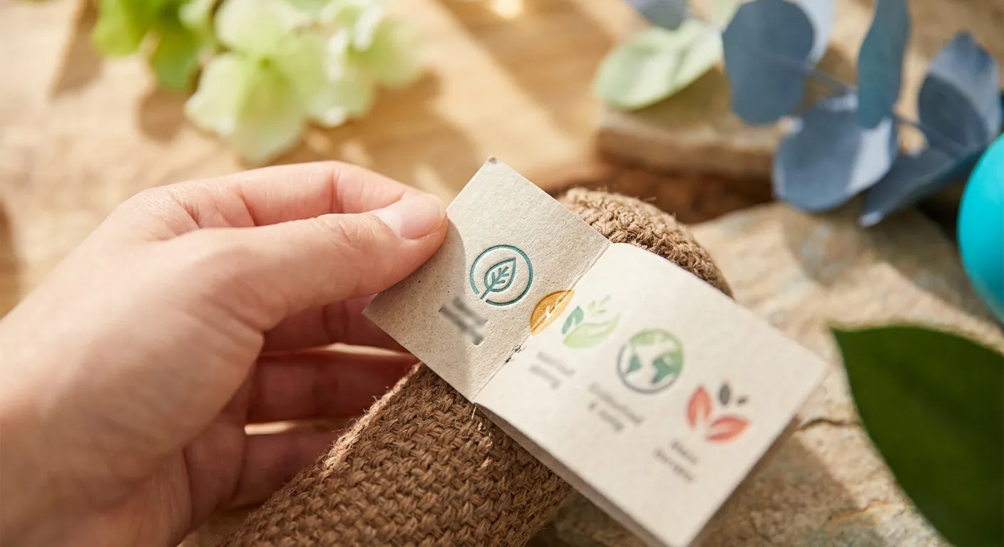 Hand holding a sustainable pet product tag with eco-friendly leaf and globe icons, from Eco Friendly Dog Products to identify