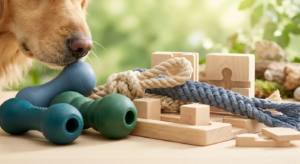 Golden retriever sniffs Eco Friendly Dog Products: blue bone toy, green rubber bones, rope toys, and wooden puzzle toys. Sust