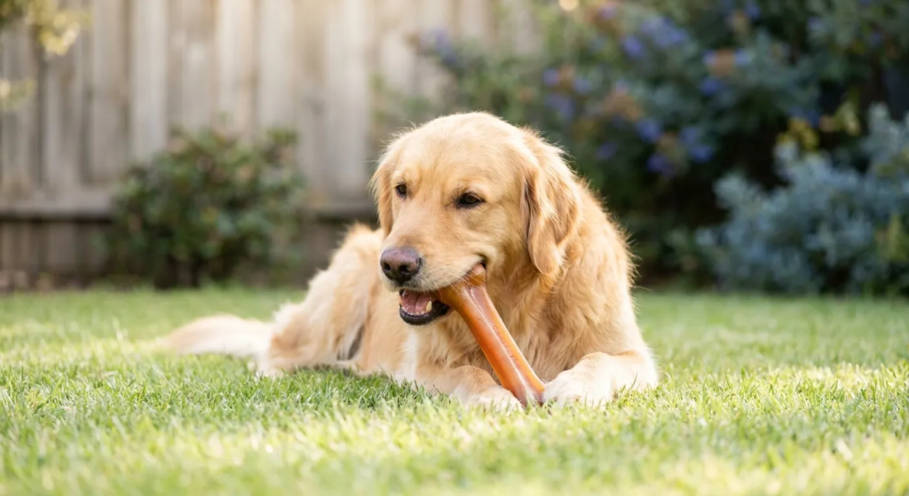 Golden retriever chewing an eco-friendly dog toy on green grass, by Eco Friendly Dog Products.