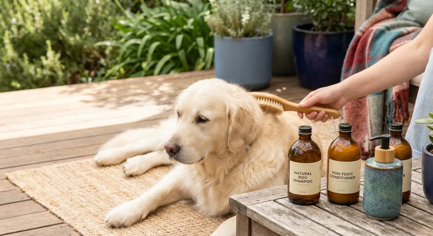 Golden retriever being groomed with Eco Friendly Dog Products' non-toxic shampoo and conditioner on a wooden deck.