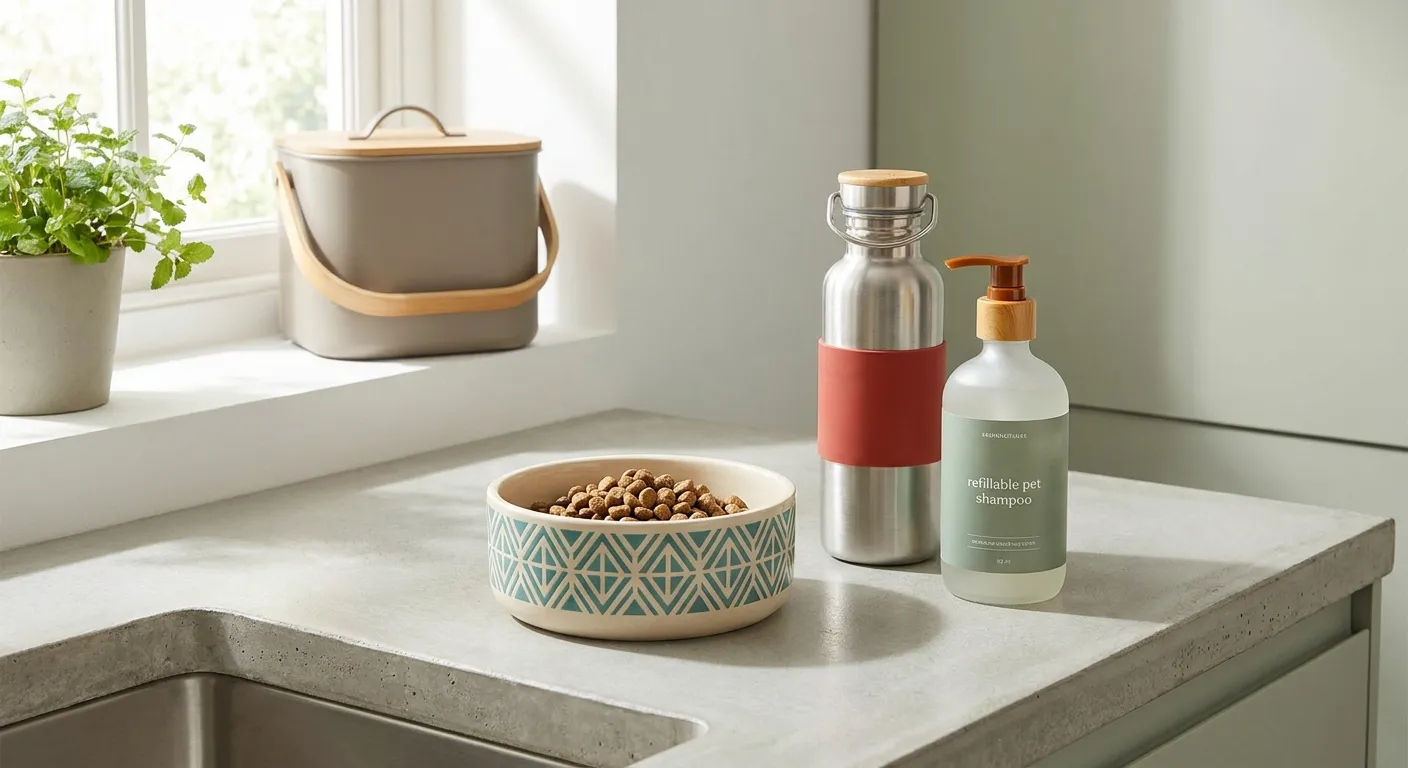 Eco Friendly Dog Products: A dog bowl, reusable water bottle, and refillable pet shampoo on a counter, promoting reduced pet