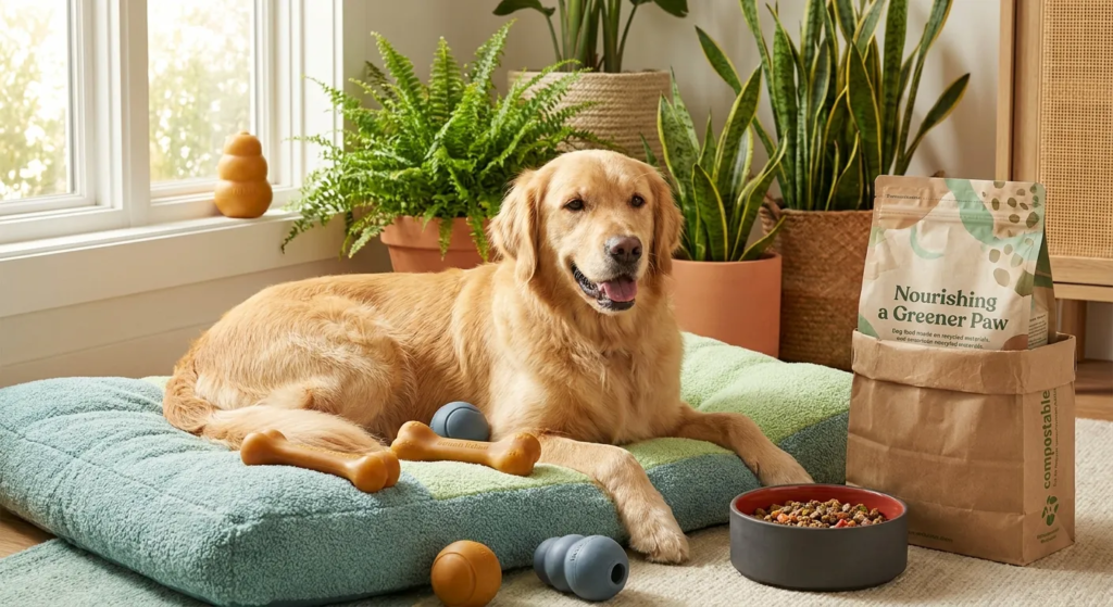 Golden retriever on a sustainable dog bed with Eco Friendly Dog Products, including 'Nourishing a Greener Paw' food and eco-f