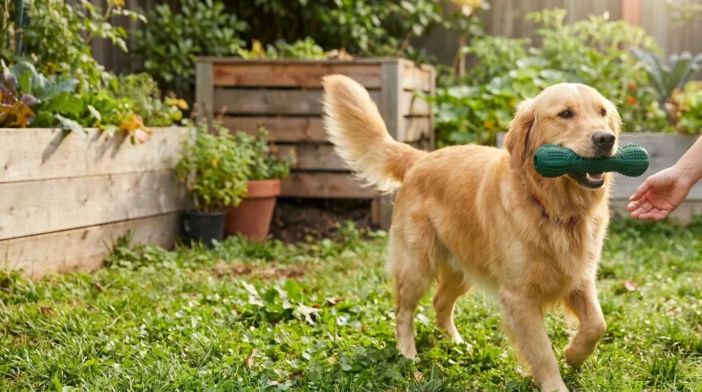 Golden retriever with an Eco Friendly Dog Products green chew toy, ready to play in a sustainable garden, promoting a greener