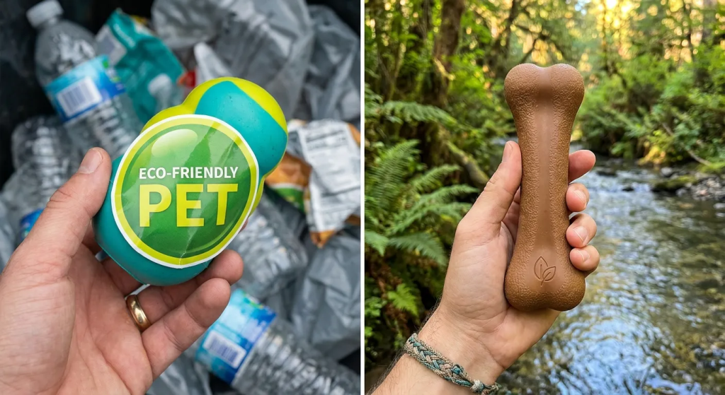 Eco Friendly Dog Products: Hand holds 'ECO-FRIENDLY PET' toy over plastic waste, contrasted with natural bone chew in forest.