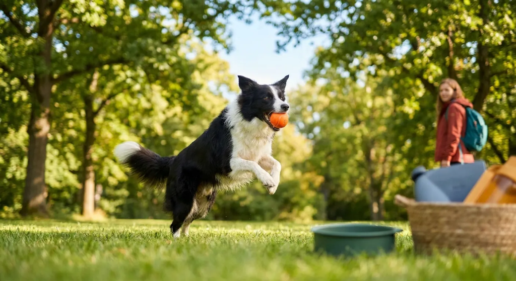 Eco Friendly Dog Products: A Border Collie dog jumps with an orange ball in a park, highlighting the joy of play with eco-fri