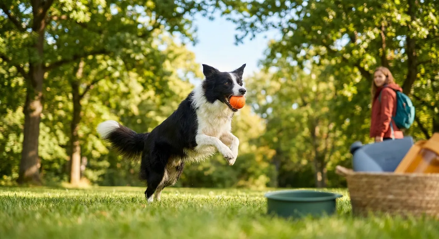 Eco Friendly Dog Products: A Border Collie dog jumps with an orange ball in a park, highlighting the joy of play with eco-fri