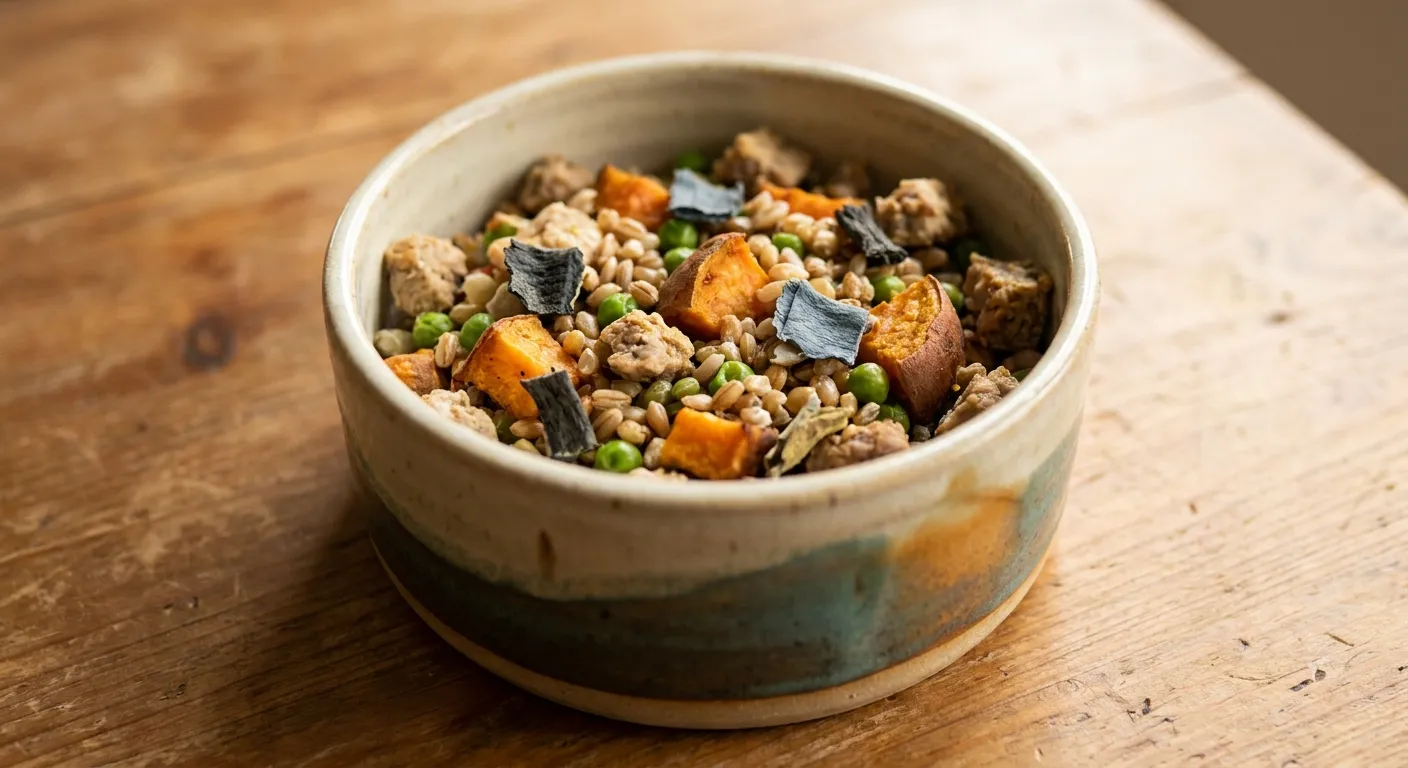 Eco Friendly Dog Products: A ceramic bowl of sustainable dog food featuring upcycled ingredients like sweet potato, peas, gra
