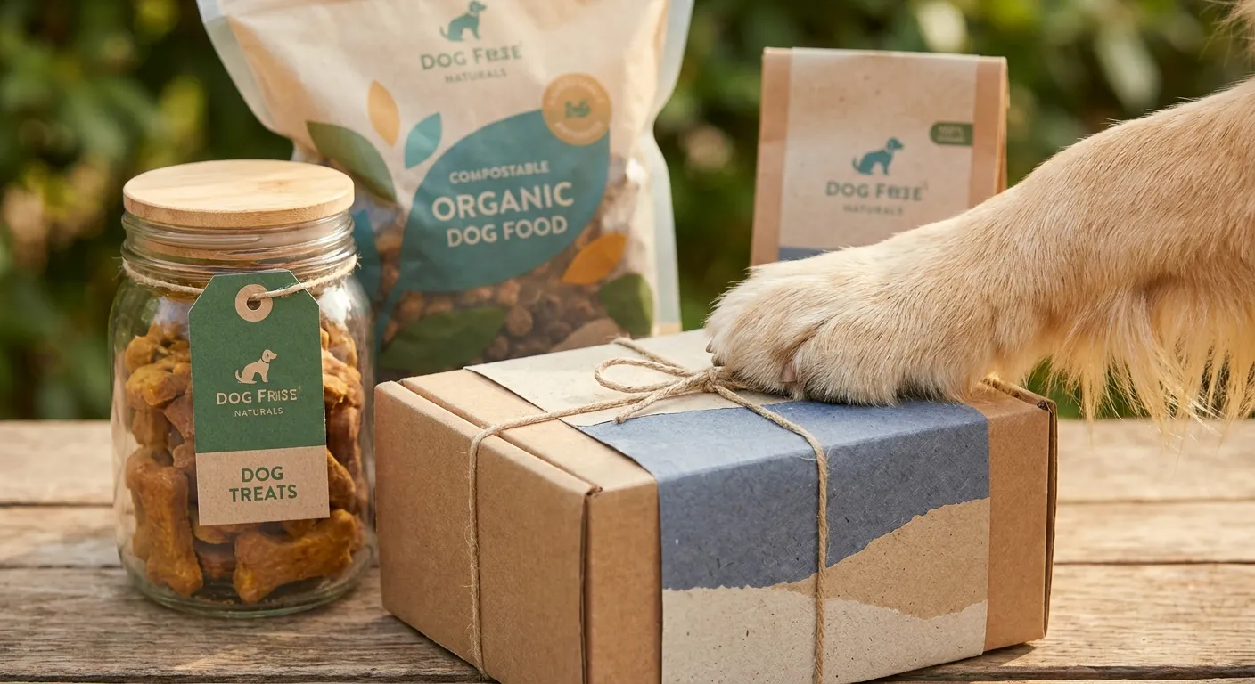 Dog's paw on a sustainable dog product packaging box, with Dog Frise Naturals organic dog food and treats in eco-friendly pac