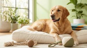 Eco Friendly Dog Products: Golden retriever on a sustainable dog bed with natural toys, promoting sustainable dog ownership.