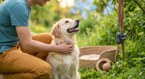Eco Friendly Dog Products: Man petting a golden retriever outdoors with a sustainable dog poop bag dispenser on a leash, prom
